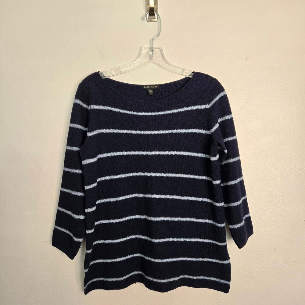 Eileen Fisher Striped Bateau Neck Knit Tunic Navy M Tencel Wool Alpaca Preppy